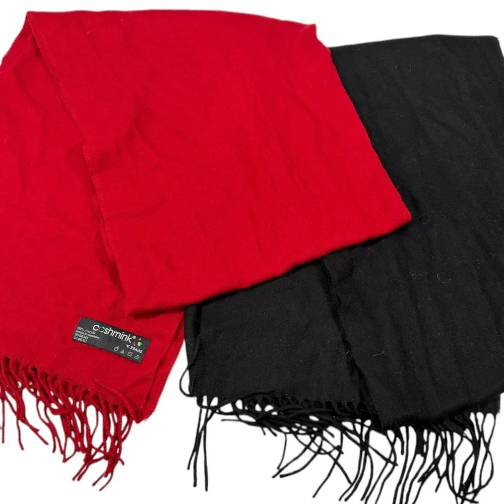 V. Fraas OS Red Black Scarf Bundle Cashmink Fringed Winter Dark Academia Cozy